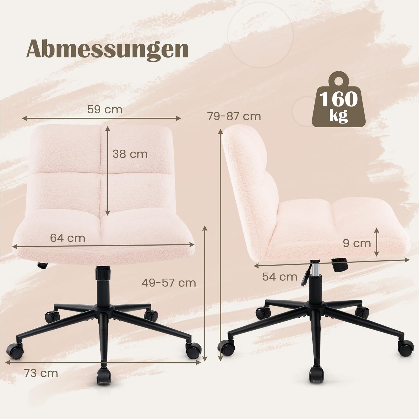Bureaustoel – Draaistoel – Kantoorstoel – Make-up Stoel – Bureaustoelen Zonder Armleuningen – Hoogteverstelbaar – Kantelfunctie – Breed Zitvlak – Roze