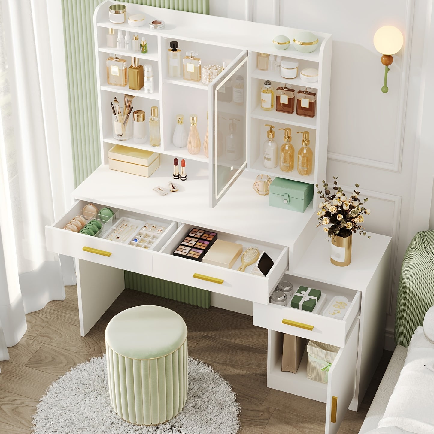 Make-uptafel – Kaptafel – Make-up Tafel – Cosmeticatafel – Schminktisch – Groot Tafelblad 130 cm – Verlichte Spiegel Met LED Licht