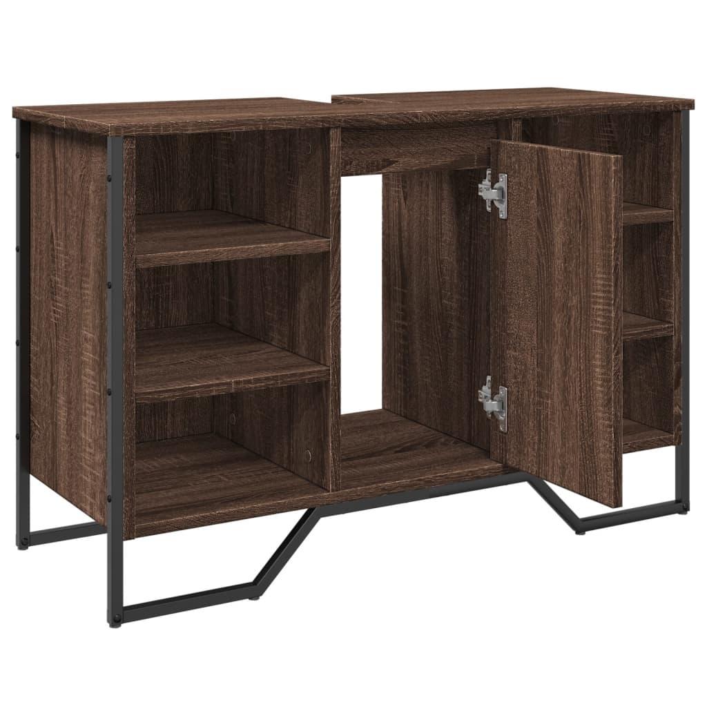 Modern Brown Oak Bathroom Sink Cabinet - Engineered Wood Storage with Towel Rack & Hooks, 91x35x60cm, Perfect for Washroom Organization, Bathroom Organizers And Storage