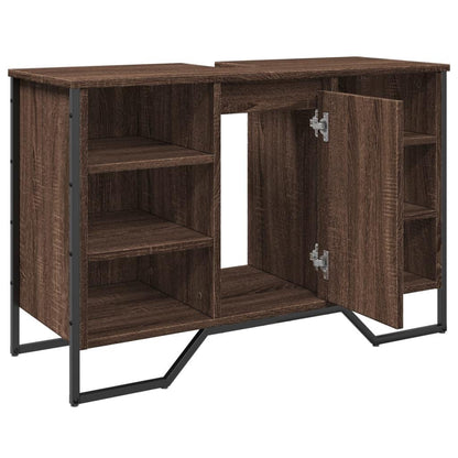 Modern Brown Oak Bathroom Sink Cabinet - Engineered Wood Storage with Towel Rack & Hooks, 91x35x60cm, Perfect for Washroom Organization, Bathroom Organizers And Storage
