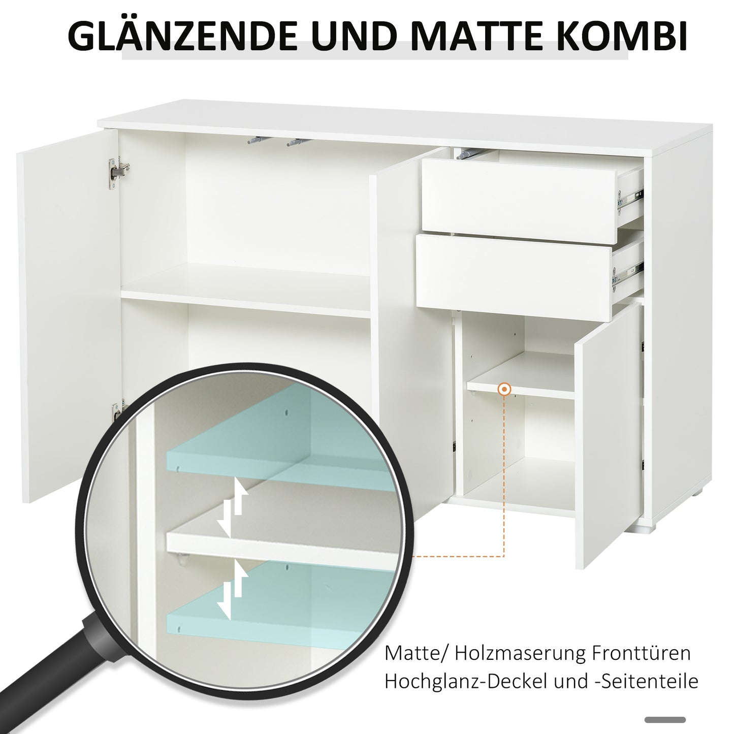 Dressoir – Sideboard – Opbergkast – Ladekast – Commode – Wit – 117x36x74 cm – Push-to-Open – Verstelbare Planken