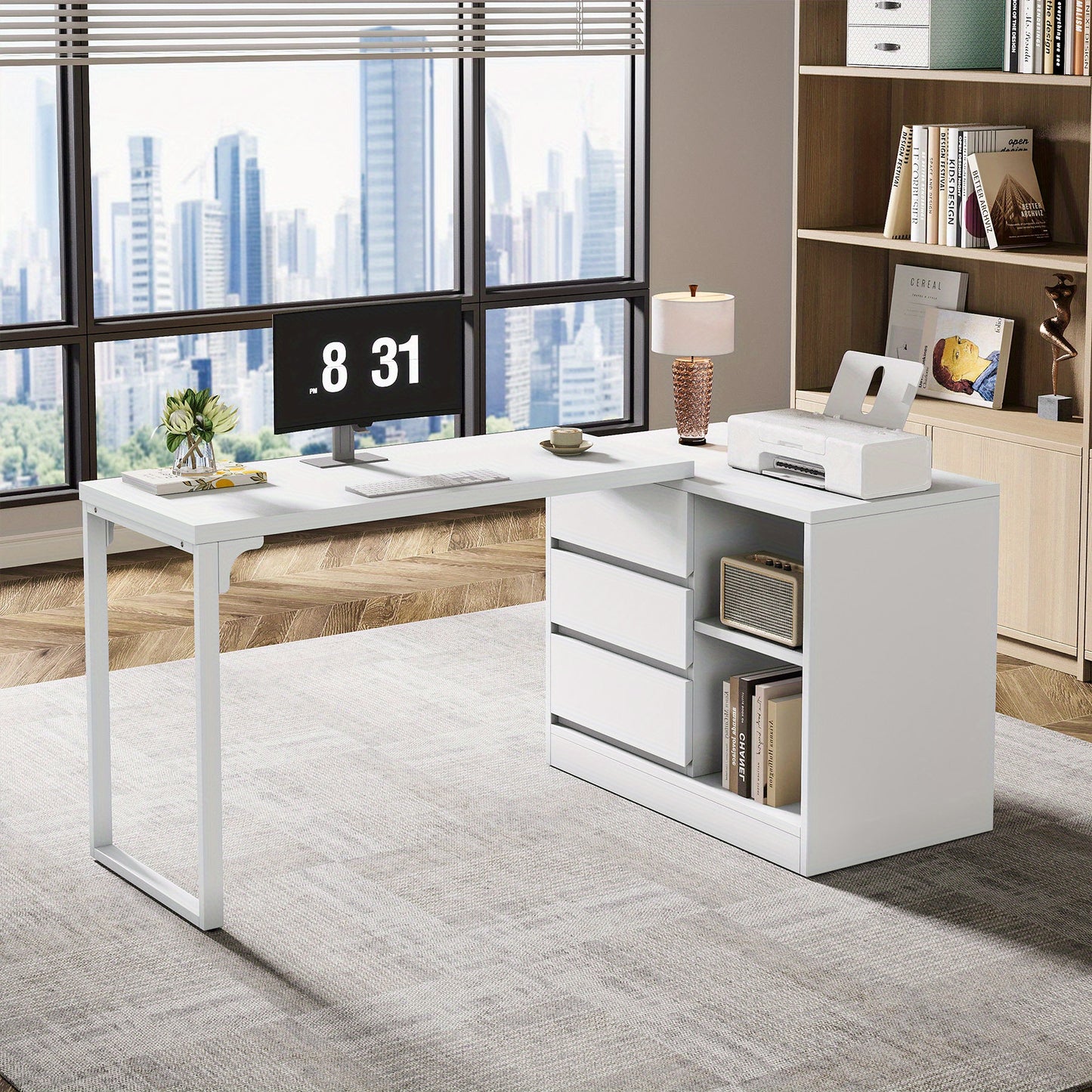 Bureau – Schrijftafel – Werktafel – Computertafel – Laptopbureau – Extra Lang 160 cm – 6 Opbergvakken – Ruim Werkblad – Stabiel Metalen Frame – Wit Houtkleurig Design