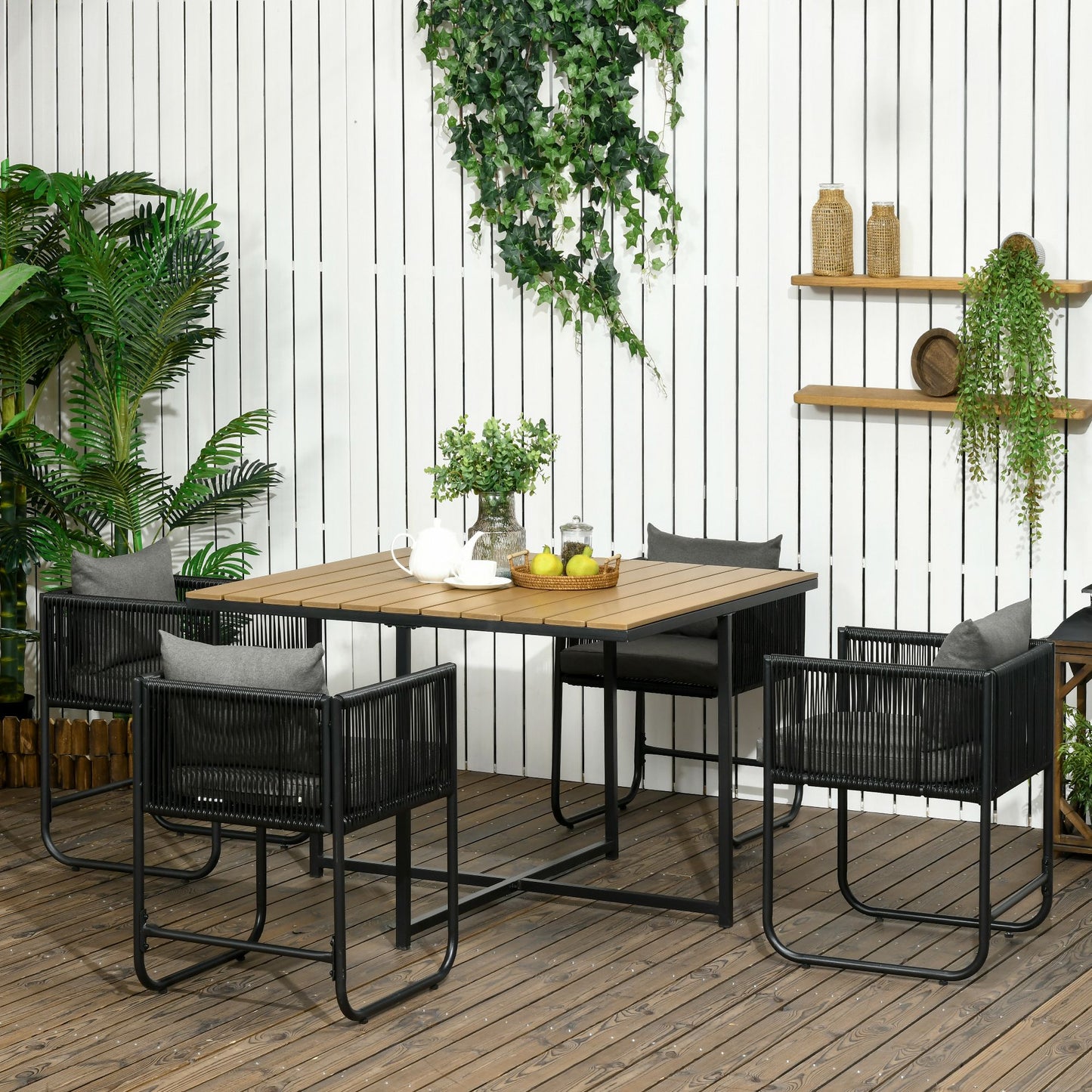 Loungeset Tuinset – Tuinmeubelset – Balkonset – Eethoek Tuin – 5-delig – Natuurlijke Houtlook – Comfortabele Kussens – Krasbestendig Composietblad
