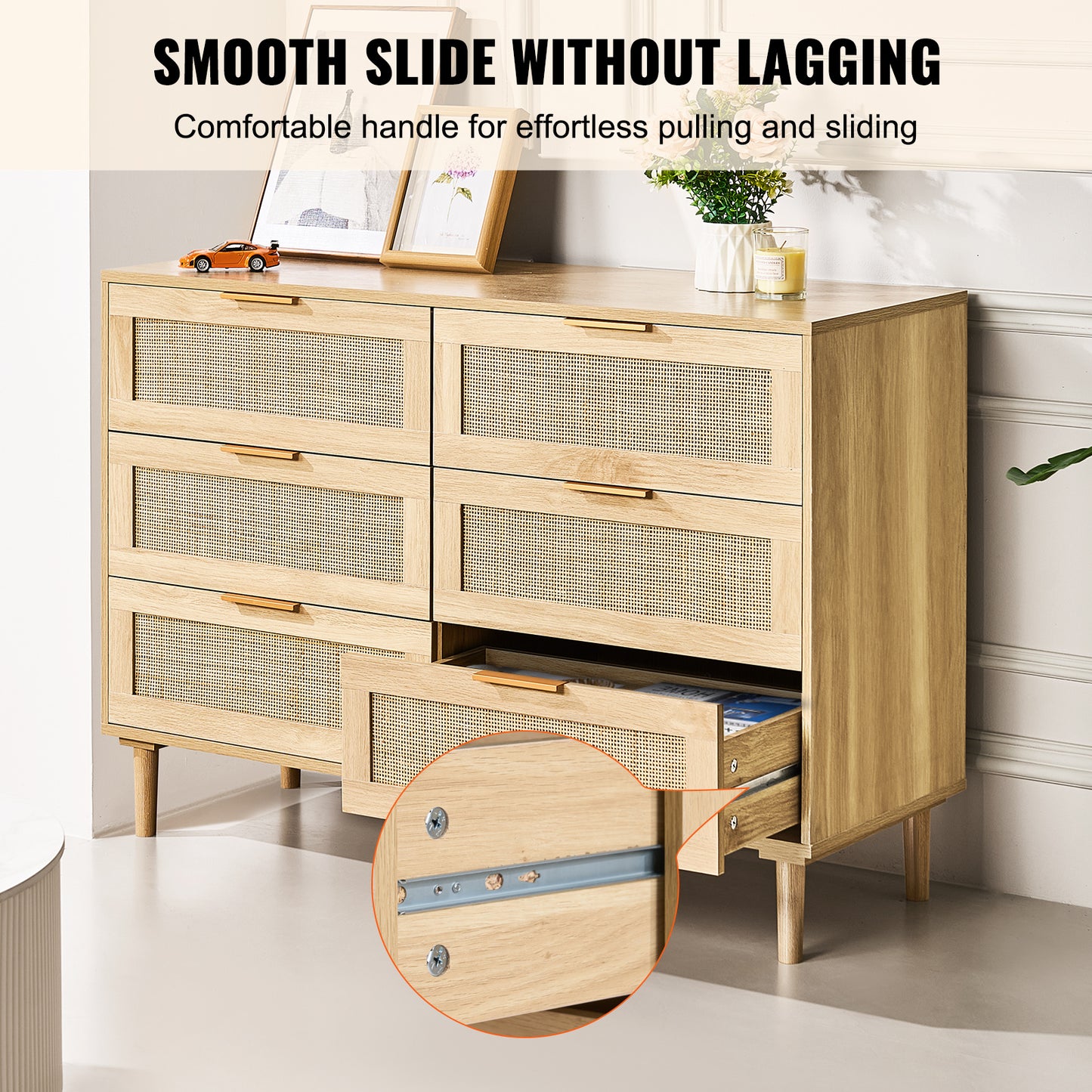 Rattan Commode – Ladekast – Kast – Dressoir – Opbergkast – Naturel Hout – 6 Ruime Lades Met Duurzaam Rattan En Anti-Omvalbeveiliging