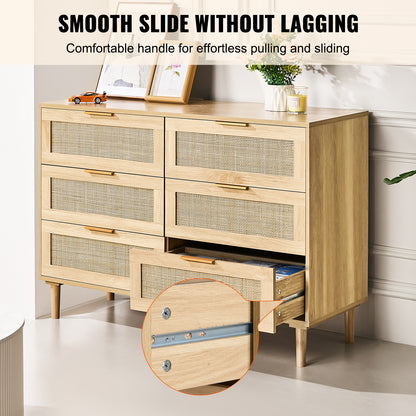 Rattan Commode – Ladekast – Kast – Dressoir – Opbergkast – Naturel Hout – 6 Ruime Lades Met Duurzaam Rattan En Anti-Omvalbeveiliging