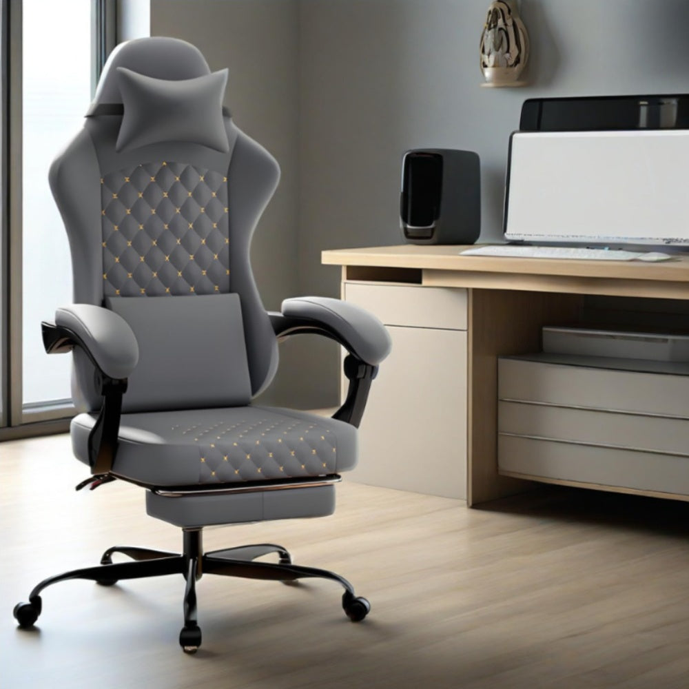 Gaming Chair in Leather with Massage Function and Footrest | Ergonomic Computer Chair for Gaming and Office Use, Supports up to 150kg, Enhances Comfort, Grey