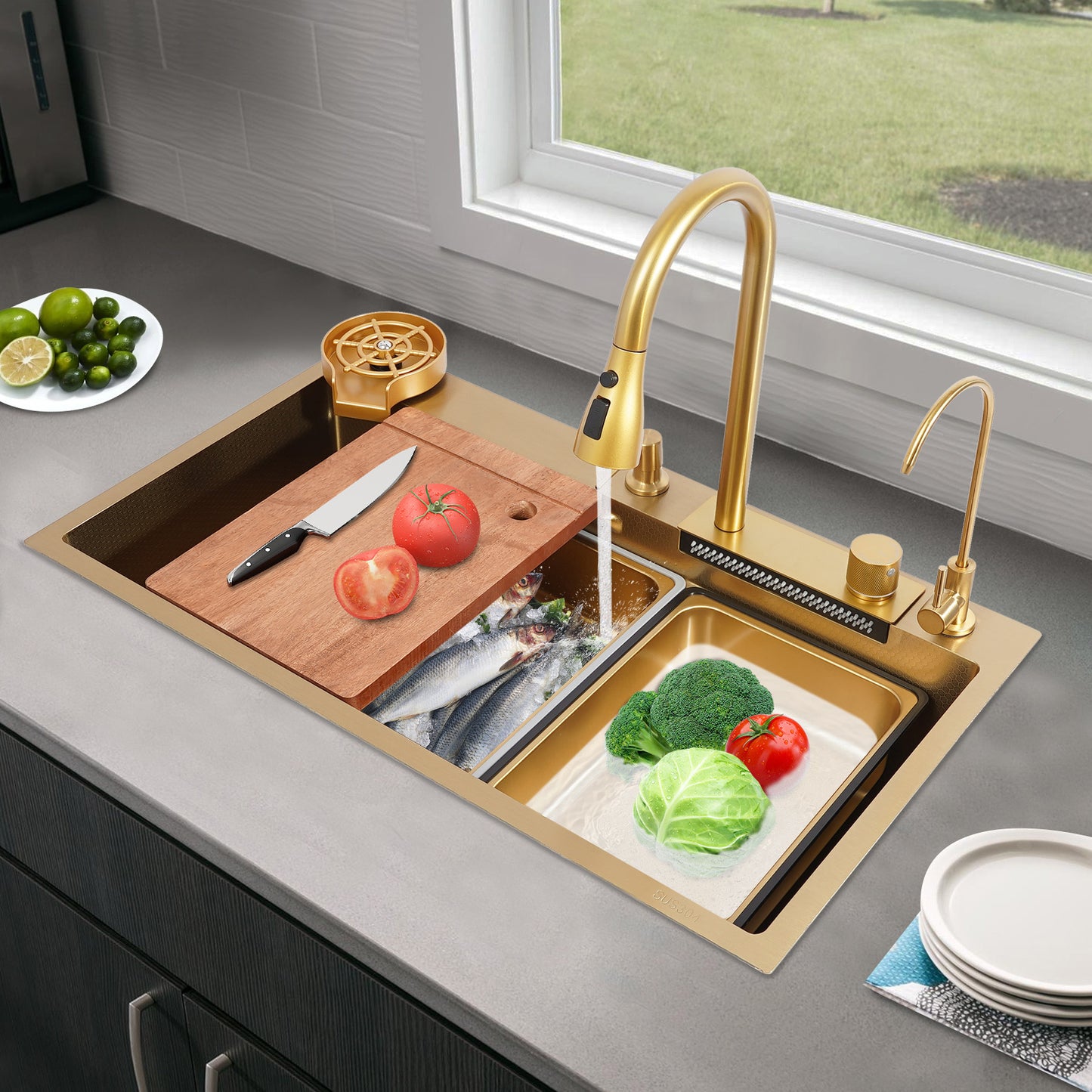80 cm Gouden RVS Keukenspoelbak – Spoelbak – Keukenspoelbak – Afwasbak – Wasbak – 304 Roestvrij Staal – Twee Compartimenten – Diepe Grote Bak – Gepolijst – Duurzaam