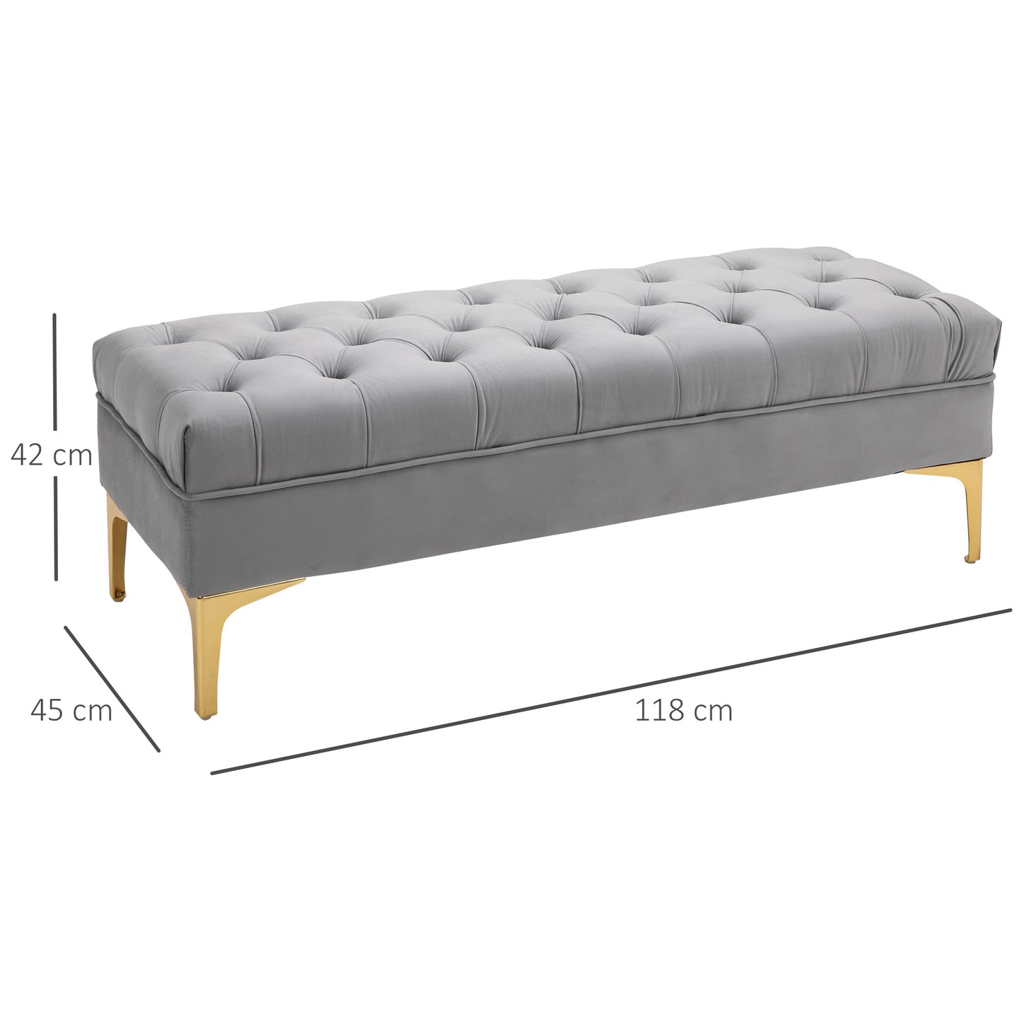 Poef – Opbergpoef – Zitzak – Voetenbankje – Kruk – Fluwelen Bekleding – Lichtgrijs – Met Opbergruimte – Verhoogde Metalen Poten – 118x45x42 cm