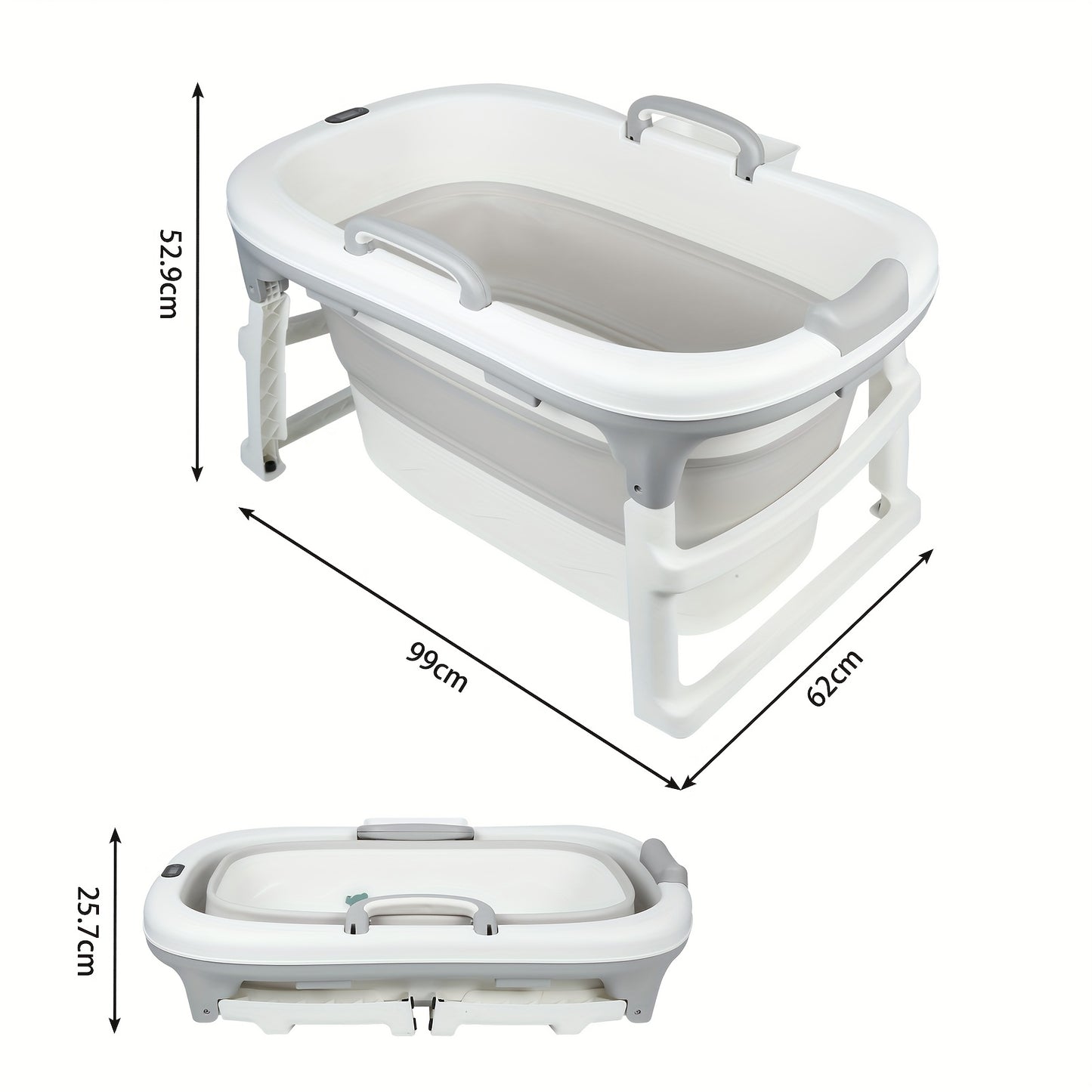 Opvouwbaar Bad – Draagbaar Bad – Inklapbaar Ligbad – Zitbad – Vrijstaand Bad – Ergonomisch Ontwerp – 2 Handvatten – 99x62x52,9 cm – Duurzaam PP Materiaal – Grijs