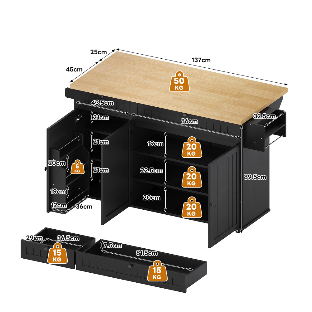 Keukeneiland – Keukentrolley – Keukenkast – Serveerwagen – Keukenwagen – Matzwart – Inklapbaar Werkblad – Lockbare Wieltjes – 137x89,5x45 cm