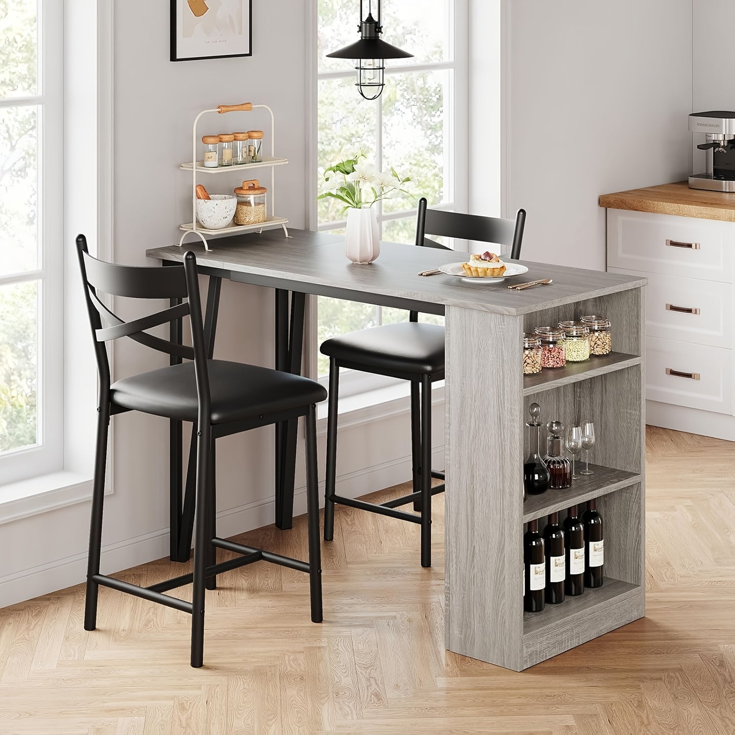 Eettafelset 3-Delig – Eettafel Met Stoelen – Barset – Keukentafel – Ontbijttafel – Compact Ontwerp – 3 Opbergplanken – Grijs Hout Met Metaal