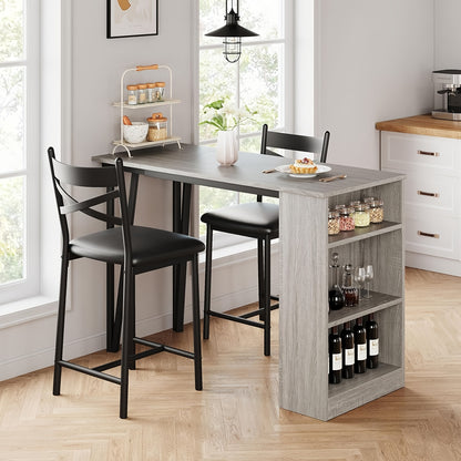 Eettafelset 3-Delig – Eettafel Met Stoelen – Barset – Keukentafel – Ontbijttafel – Compact Ontwerp – 3 Opbergplanken – Grijs Hout Met Metaal