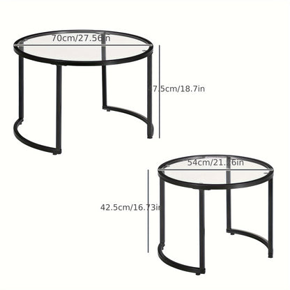 Salontafel Set – Bijzettafel – Side Table – Tafel – Lounge Tafel – Zwart Stalen Frame – Geharde Glazen Bladen – Deels Stapelbaar – Compact Formaat