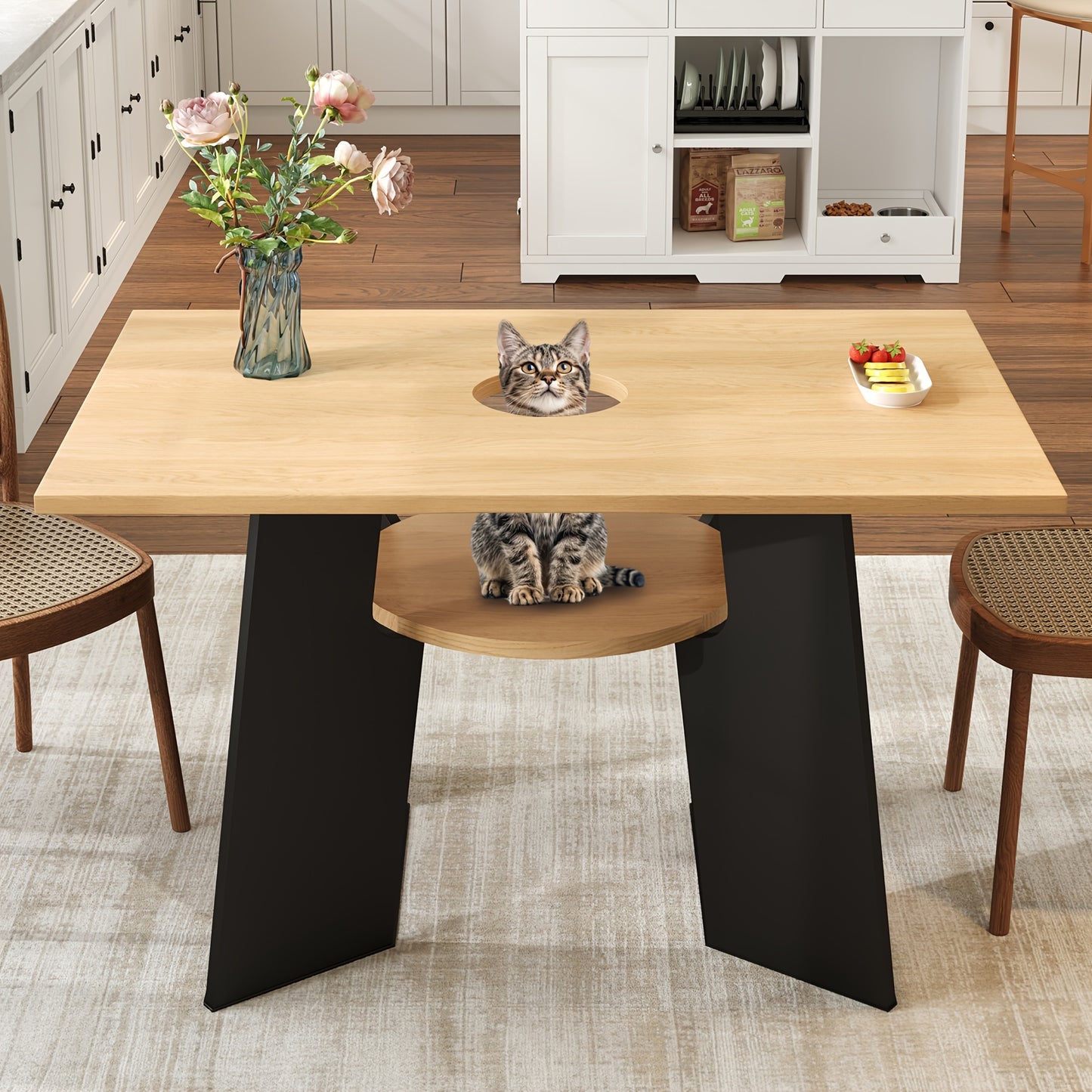 Pet-Friendly Modern Dining Table with Storage Shelves & Pet Area - Heavy-Duty Metal Frame, Natural Wood Grain & Black Contemporary Design, Space-Saving Rectangular Kitchen Table for 6, Easy Assembly, Durable & Easy-Clean Surf