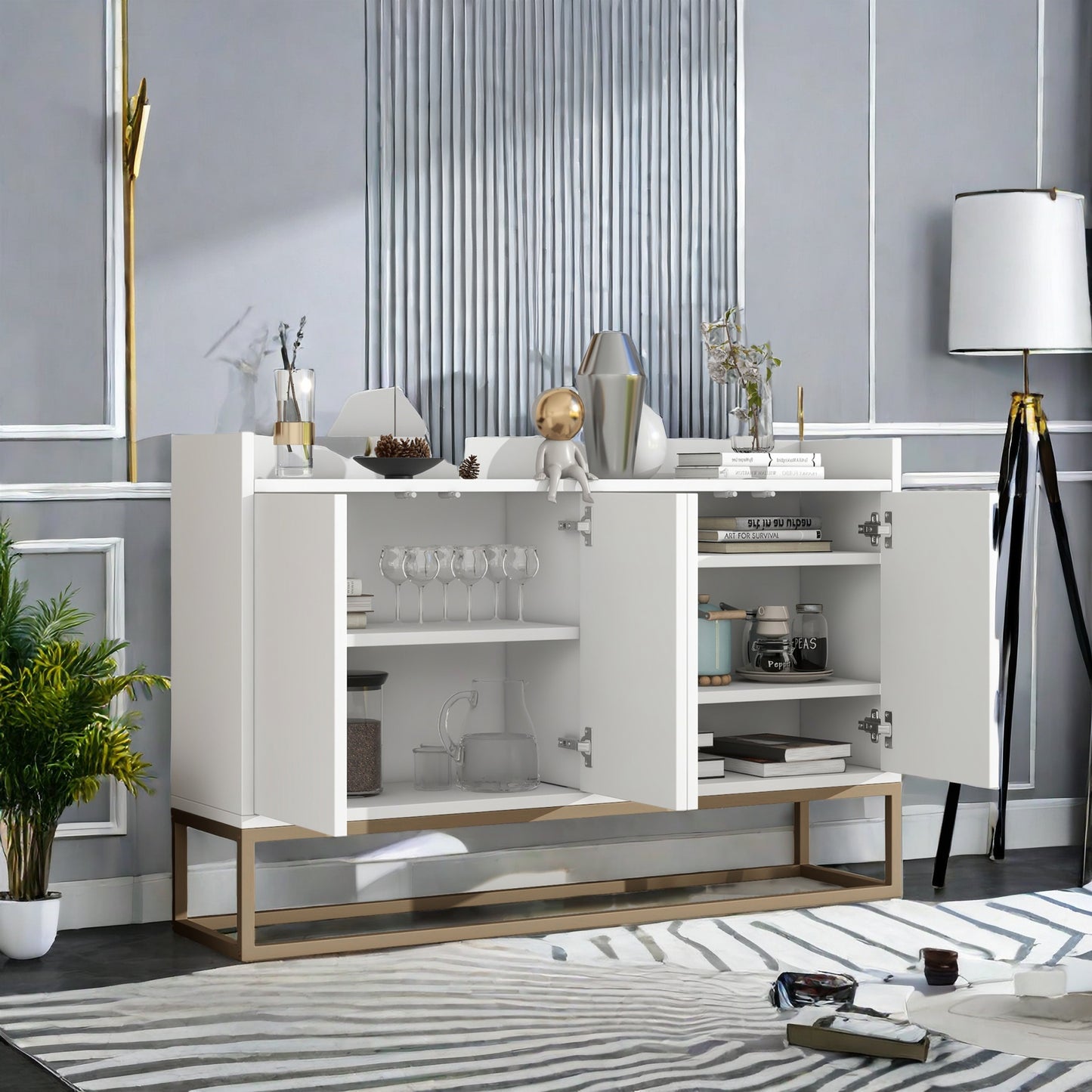 Dressoir – Buffet – Opbergkast – Kast – Sideboard – Wit MDF Met Metaal – 120x30x80 cm – 4 Deuren Met Verstelbare Planken