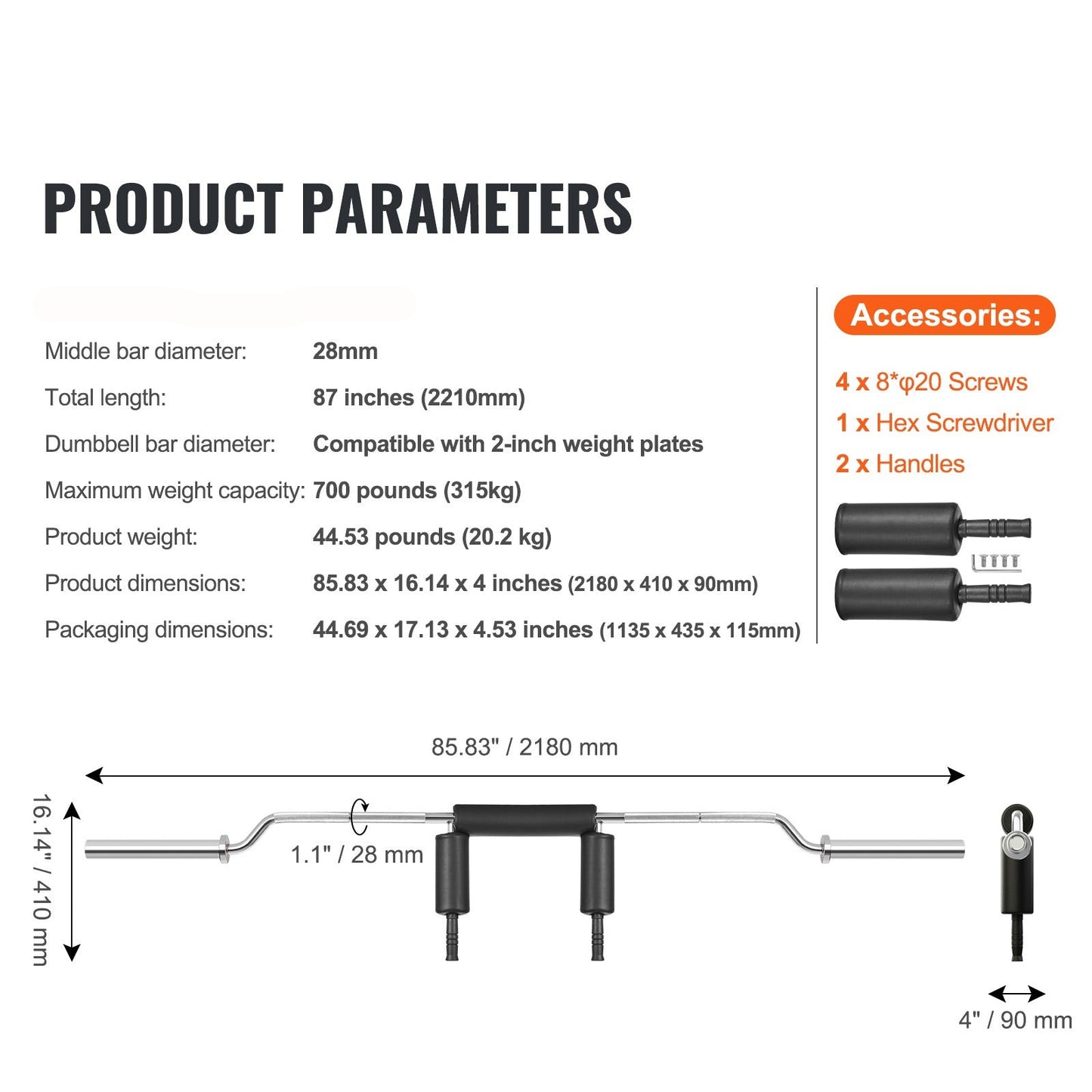 Veiligheids Squat Bar – Fitness Barbell – Krachttraining Bar – Revalidatie Bar – Gewicht Bar – 28 mm Staal – Schouder Foam Padding – Max 320 kg Belastbaar