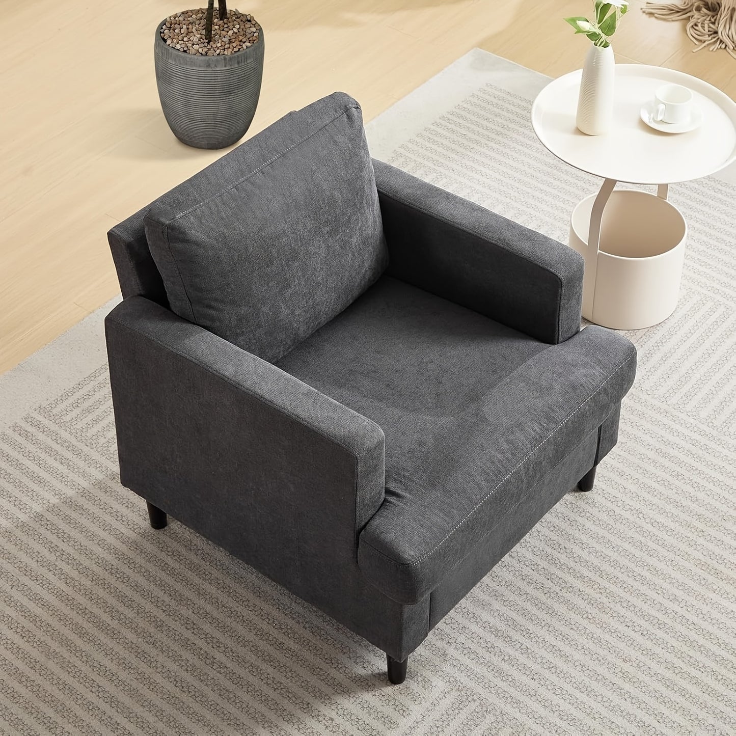 Linnen Fauteuil – Armstoel – Lounge Stoel – Accent Stoel – Zetel – Hoge Rugleuning – Armleuningen – Hoge Dichtheid Schuim – Massief Houten Poten – Max Draagkracht 350 kg – Comfortabele Zitting – Ademend Materiaal – Donkergrijs