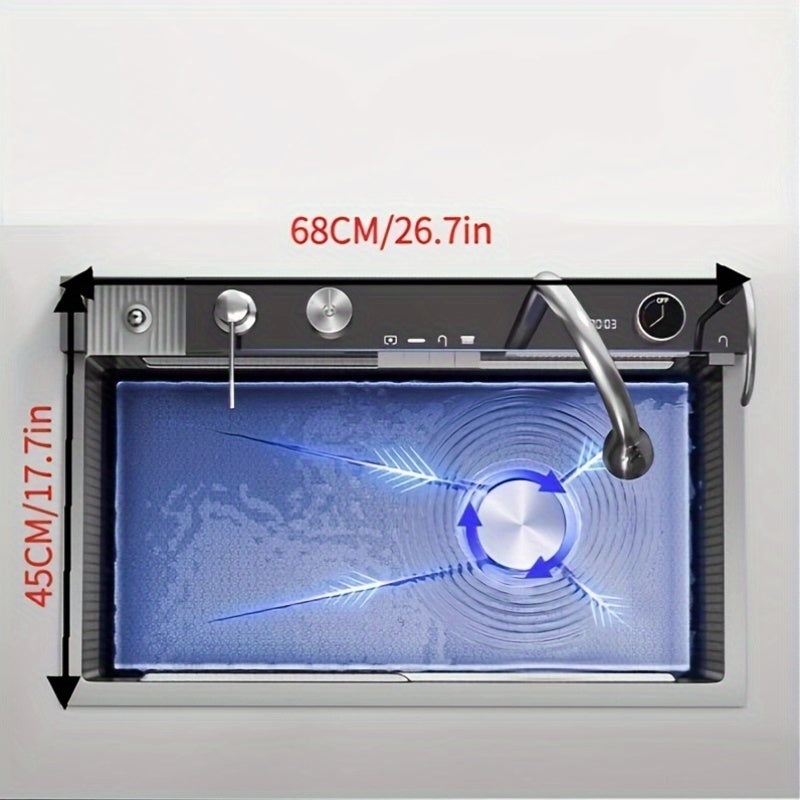 A European-Style Stainless Steel Single-Bowl Kitchen Sink with Waterfall Faucet, Digital Display Screen, Honeycomb Nano Worktop, Multifunctional Top Installation, Undermount, Right Drainage, Including Faucet, No Need for Batt