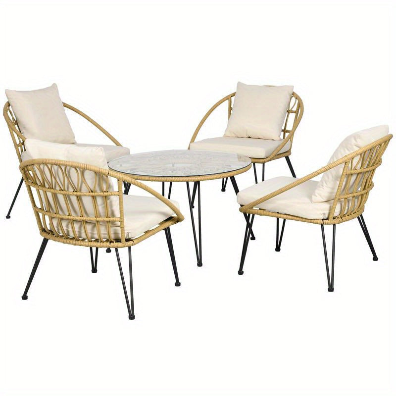 5-Teilige Gartensitzgruppe, Boho-Stil, 1 Esstisch &Amp; 4 Stühle, Auflagen, Polyrattan, Beige/Natur, Moderne Küchenmöbel, Schneller Aufbau, Platzsparend, Esstisch Im Landhausstil Geeignet Für Wohnzimmer, Esszimmer, Küche