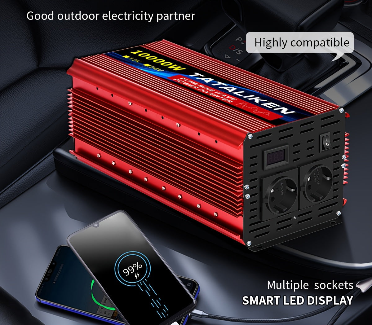 Omvormer – Spanningsomvormer – Inverter – Converter – Stroomomzetter – 12V Naar 220V – 10000W Piekvermogen – Pure Sinusgolf Met Smart LED Display