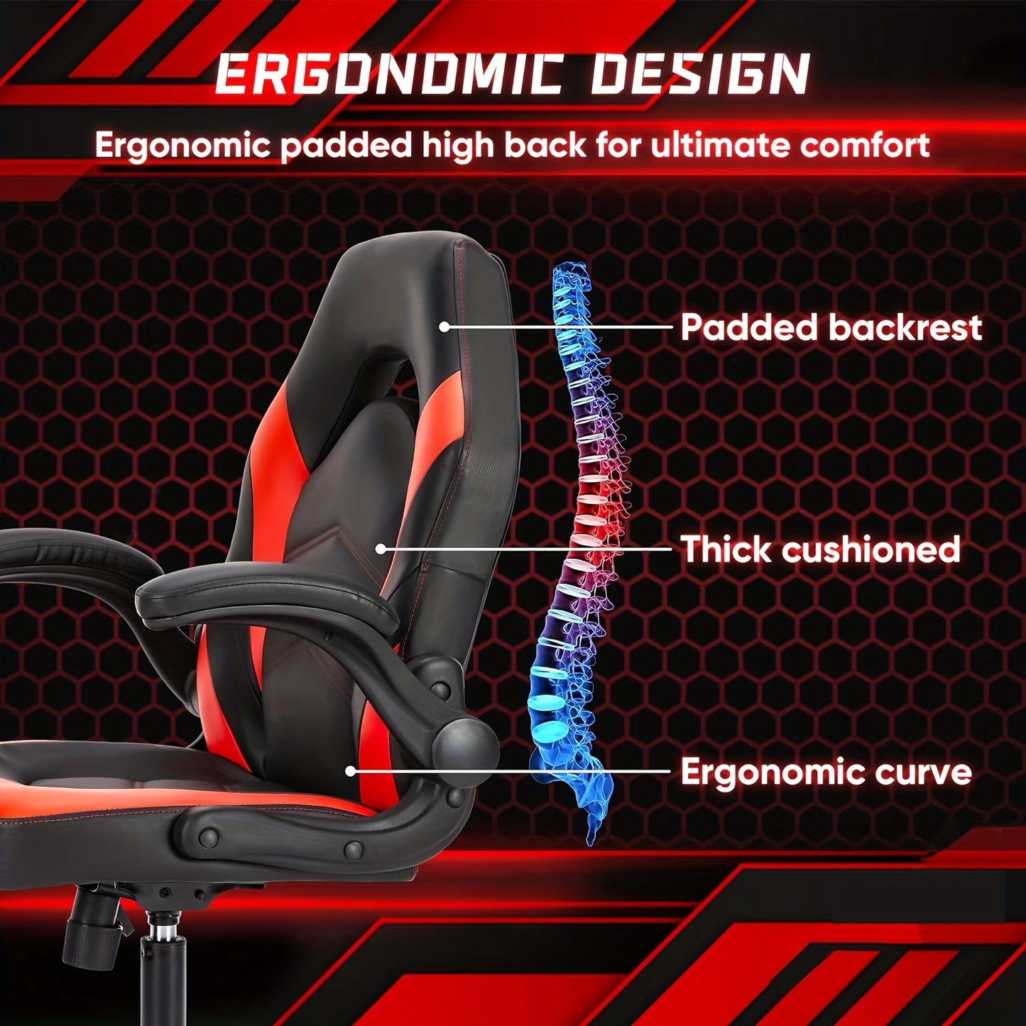 Gamingstoel – Game Chair – Bureaustoel – Racestoel – Werkstoel – Ergonomisch Design – In hoogte verstelbaar – 360° Draaibaar – Inklapbare Armleuningen – Memory Foam Zitting – Rood