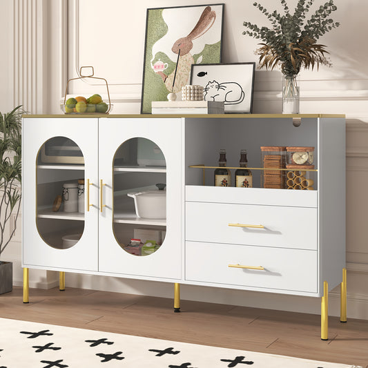 Modern White Sideboard with Golden Accents - Contemporary Metal Cabinet, 2 Drawers & Glass Doors Storage Unit, No Assembly Required for Living Room, Dining Room, Hallway - Elegant Home Decor Furniture, Versatile Cabinet, Slee