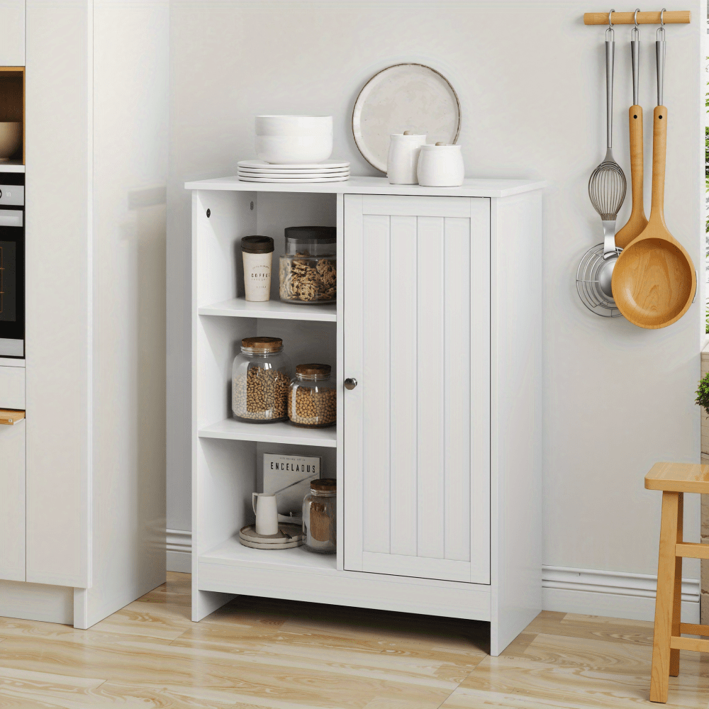 Modern White Metal Freestanding Kitchen Cabinet with Door & 3 Open Shelves - Adjustable Height Storage Rack, 60x30x80cm, Easy Assembly, Ideal for Small Kitchens & Apartments, Pantry, Kitchen Organizers And Storage, Kitchen Pa