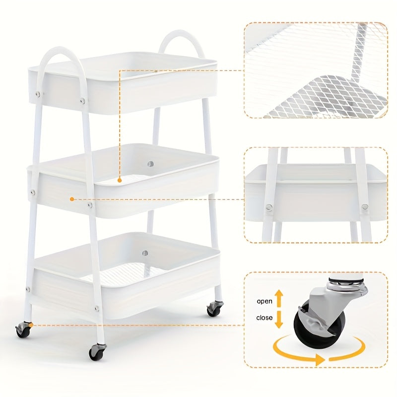 Opbergtrolley – Opbergwagen – Werkplaatswagen – Servierwagen – Bureautrolley – 3-laags – Vergrendelbare Wielen – Versterkte PP Planken – Compact 43x30x77 cm