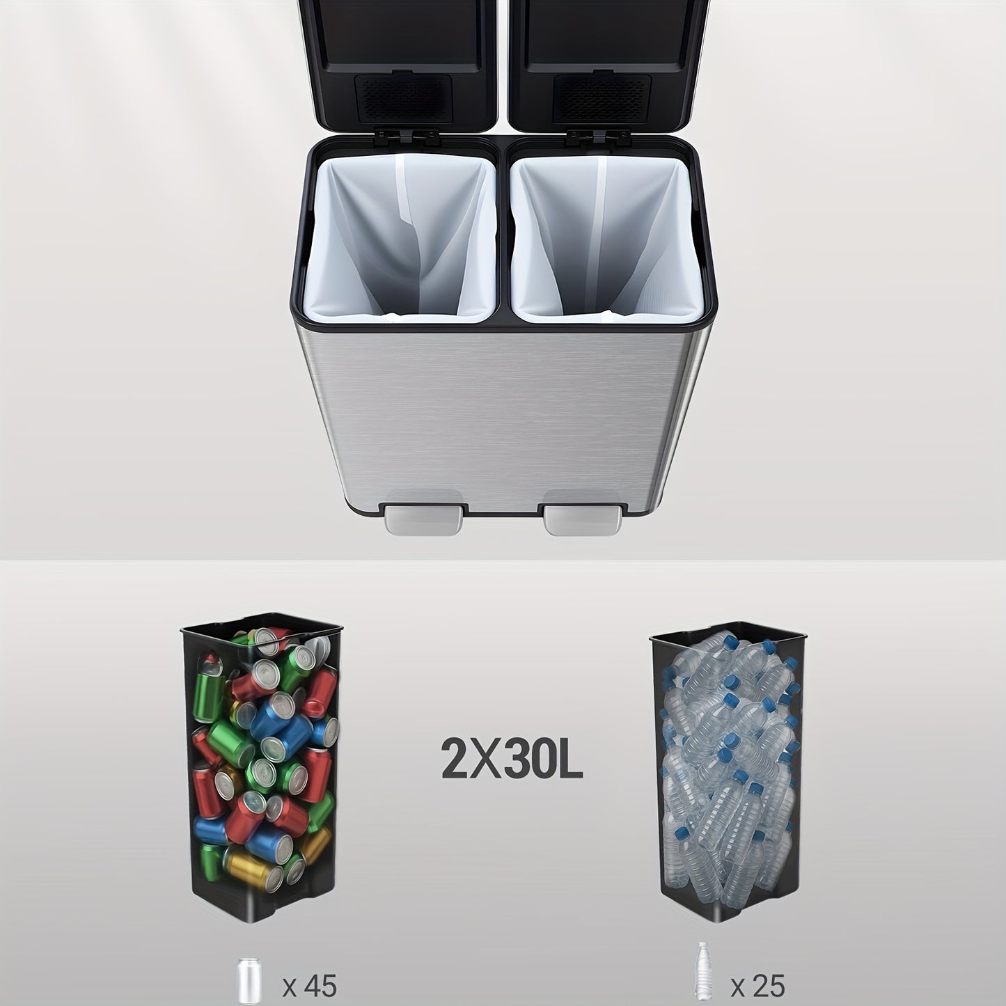 Keukenprullenbak – Afvalbak – Pedaalprullenbak – Afvalscheidingsbak – Prullenbak RVS – 60 Liter 2 Compartimenten – Slow-Close Deksel – Inclusief 15 Afvalzakken