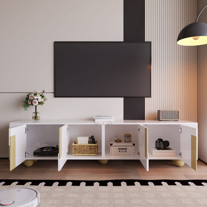 White TV Cabinet 180cm | Four-Door Design, Elegant Silhouette, Marble-Effect Textured Surface, Spherical Wooden Base, Metal Material