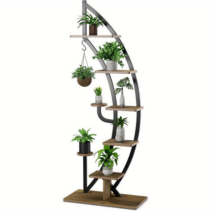 Plantenrek metaal – plantenhouder – plantenstandaard – plantenrek ladder – bloemenrek – 6 niveaus – mat zwart staal – antislip voeten