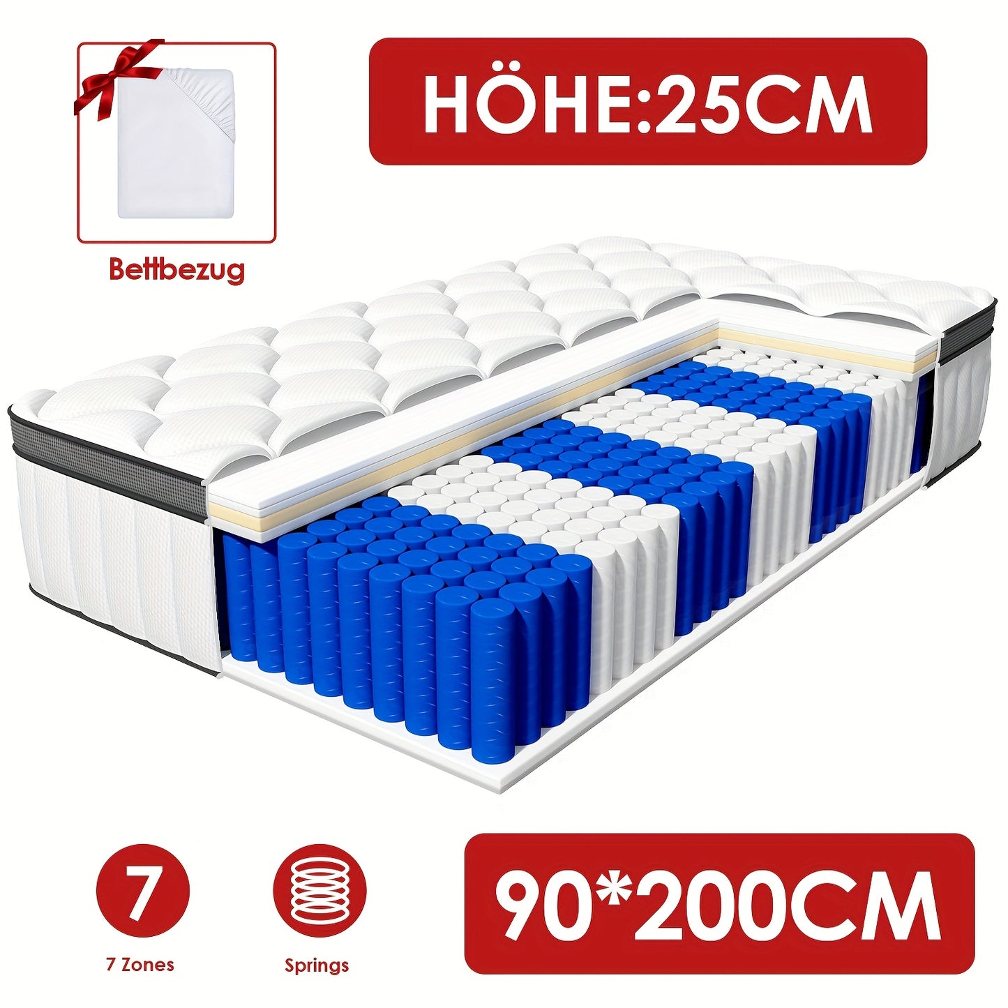 Matras – Pocketveringmatras – Spiraalmatras – Innerspring Matras – Slaapmatras – 140x200 cm – 7 Zones Pocketvering – Medium Stevig (H3)