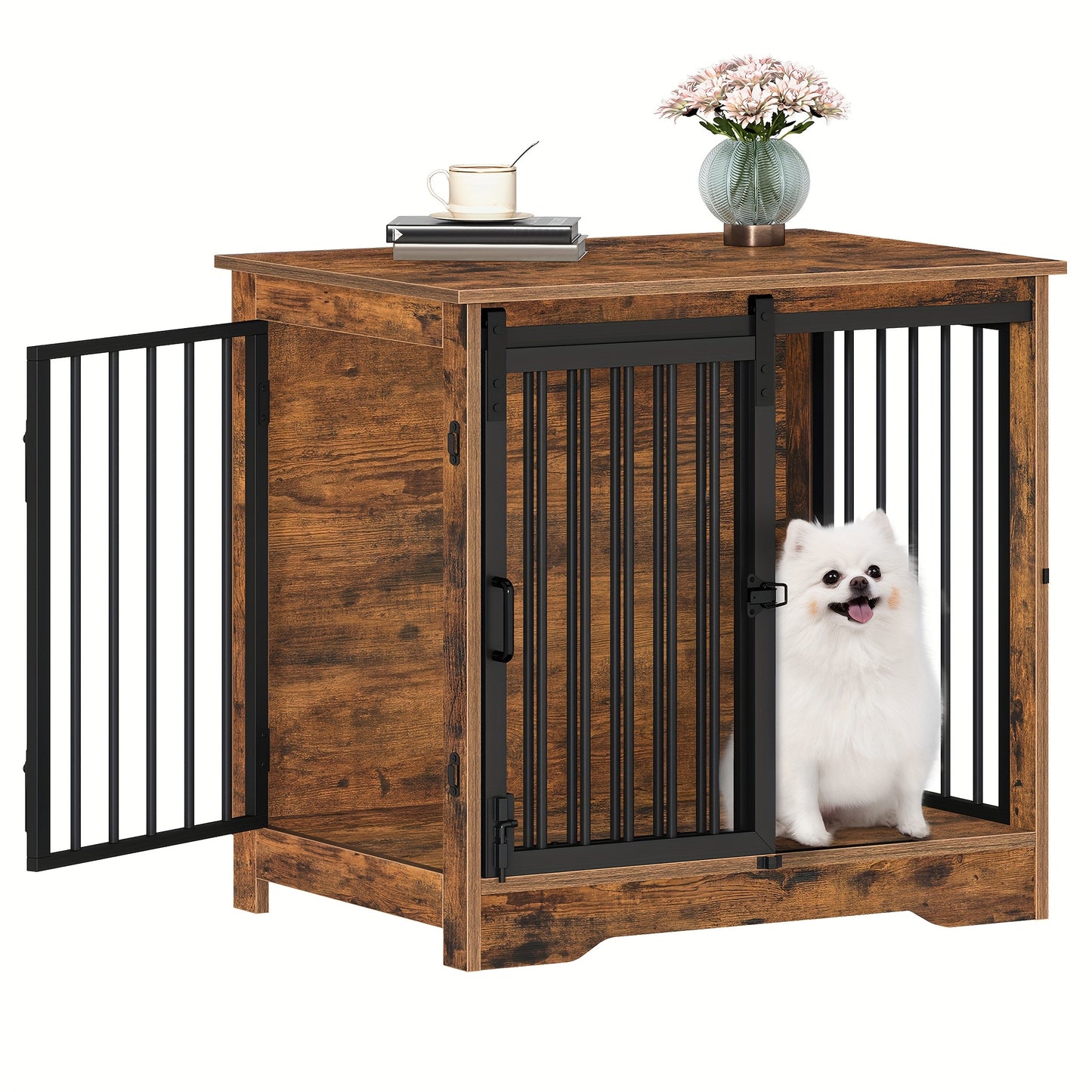 Hondenbench – Hondenkooi – Hondenkennel – Hondenhok – Hondenverblijf – Rustiek Bruin – Metalen Frame – Schuifdeur – Anti-Kauw – Anti-Ontsnapping