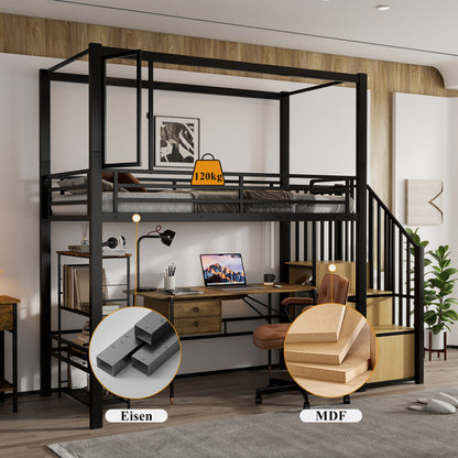 Hoogslaper – Kinderhoogslaper – Stapelbed – Eenpersoonsbed – Bedframe – Met Trap en Kledingkast – Stabiel Metalen Frame – Magnetische Deur – Ruimtebesparend 90x200 cm – Modern Industrieel