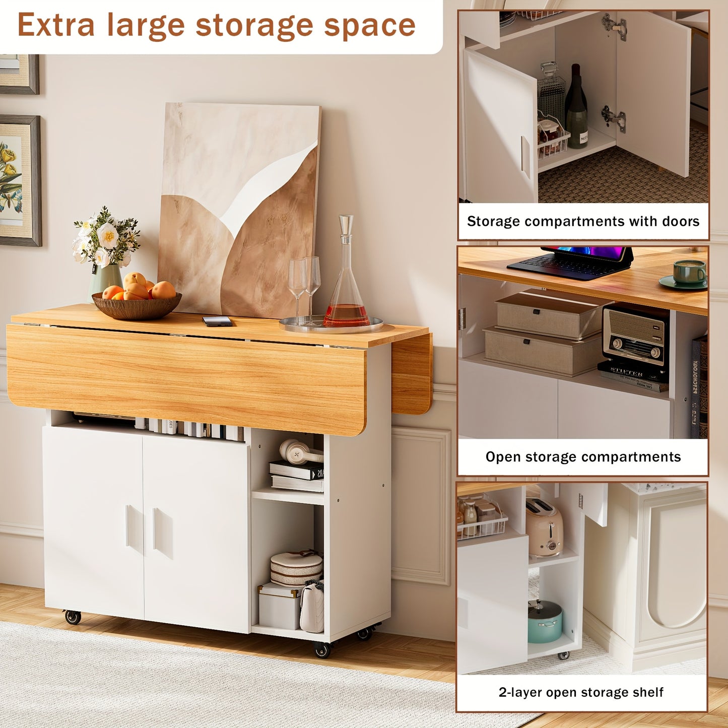 White & Wood Tone Mobile Folding Dining Table with Locking Wheels, Expandable Tabletop, Cabinet Doors & Open Shelving - Heavy-Duty Foldable Desk for Small Spaces, Space-Saving Multifunctional Furniture (Particle Board/Chipboa