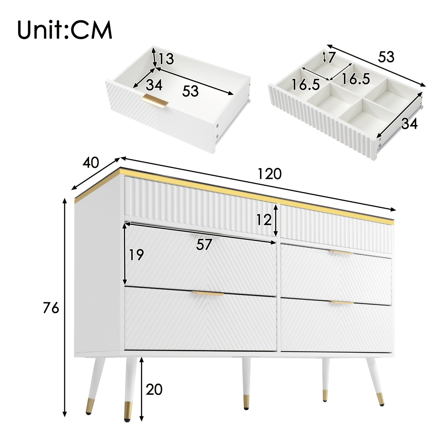 Opbergkast – Ladekast – Kledingkast – Commode – Kast – Wit Bamboe – 6 Lades – 3,2 Kubieke Voet – Gouden Handgrepen – Stevig & Duurzaam – Eenvoudige Montage