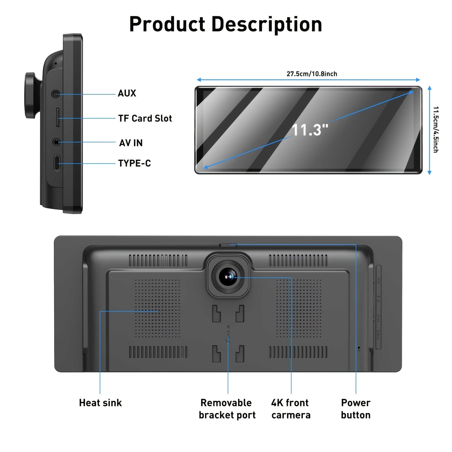 Autoradio – Multimedia Systeem – Autostereo – Car Radio – Inbouw Radio – 11,3 Inch IPS Touchscreen – 4K Frontcamera & 1080P Achteruitrijcamera