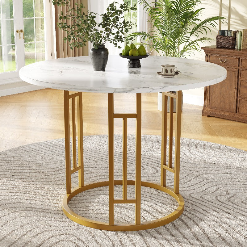 Eettafelset – Eethoek – Diningset – Keukentafelset – Zitgroep – Ronde Tafel 80 cm – MDF Marmerlook Blad – Gouden Metalen Poten – Grijze Comfortabele Stoelen