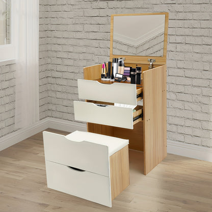 Make-up Tafel – Kaptafel – Schminktafel – Vanity Set – Make-up Desk – Compact Design – MDF Houtlook met Crème Afwerking – Kantelbare Spiegel en Verborgen Kruk – 3 Laden Opbergruimte