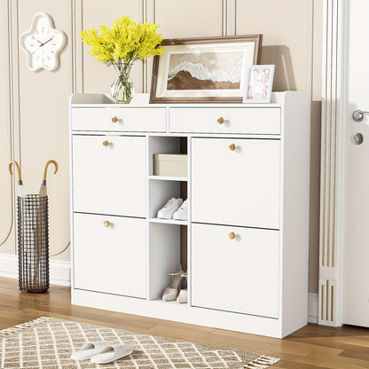 Schoenenkast – Schoenenrek – Schoenenopberger – Schoenenbank – Kast – Wit – 4 Draaideuren & 2 Lades – 110x26x100 cm – Ruime Opbergruimte – Gouden Handgrepen