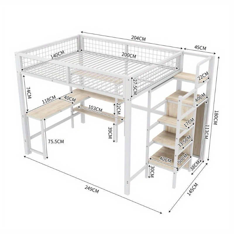 Bedframe – Hoogslaper – Stellingbed – Bedframe Met Opbergladders – Metalen Bed – Wit – 140x200 cm – Duurzaam Metalen Frame – Ruimtebesparend Design