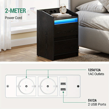 Nachtkastje – Nachtkastjes – Bijzettafel – Ladekast – Opbergkastje – Set van 2 – Ingebouwd Stopcontact & USB – Modern Design met 2 Lades – Zwart