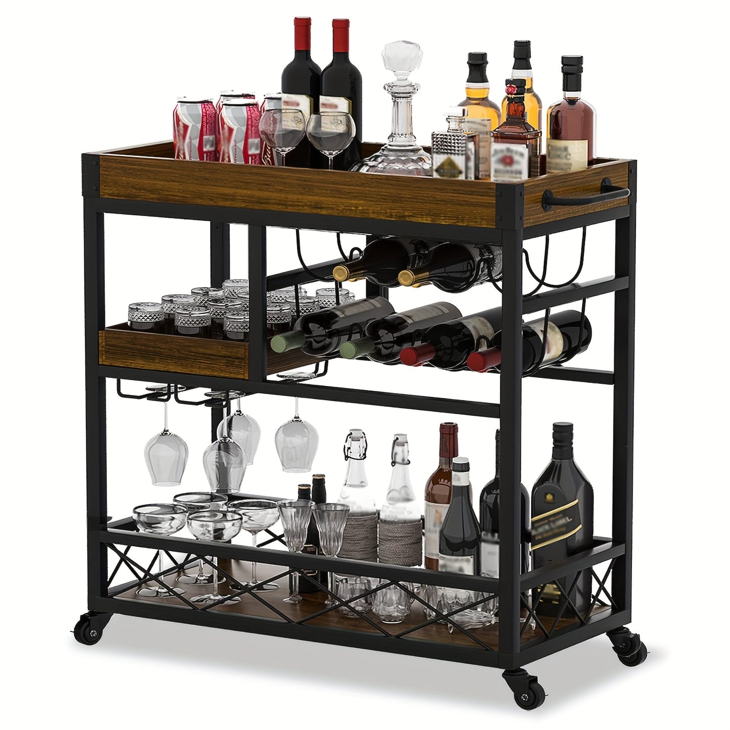 Vintage Industrieel Barwagen – Bar Cart – Serveerwagen – Wijnrek Trolley – Keukenwagen – 85x40x90 cm – Met 8 Wijnrekken en Glashouder – Mobiel Met Wieltjes – Bruin Hout Afwerking