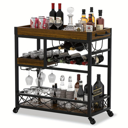 Vintage Industrieel Barwagen – Bar Cart – Serveerwagen – Wijnrek Trolley – Keukenwagen – 85x40x90 cm – Met 8 Wijnrekken en Glashouder – Mobiel Met Wieltjes – Bruin Hout Afwerking