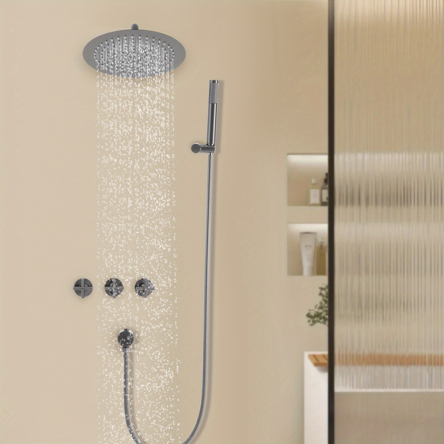 Modern Wall-Mounted Bath Tap with Handheld Shower - Stainless Steel Dual Function Mixer Tap, 24.99cm Rainfall Showerhead & Adjustable 45° Handheld Spray, Rust-Resistant Bathroom Faucet for Spa-Like Shower Experience, Contemp