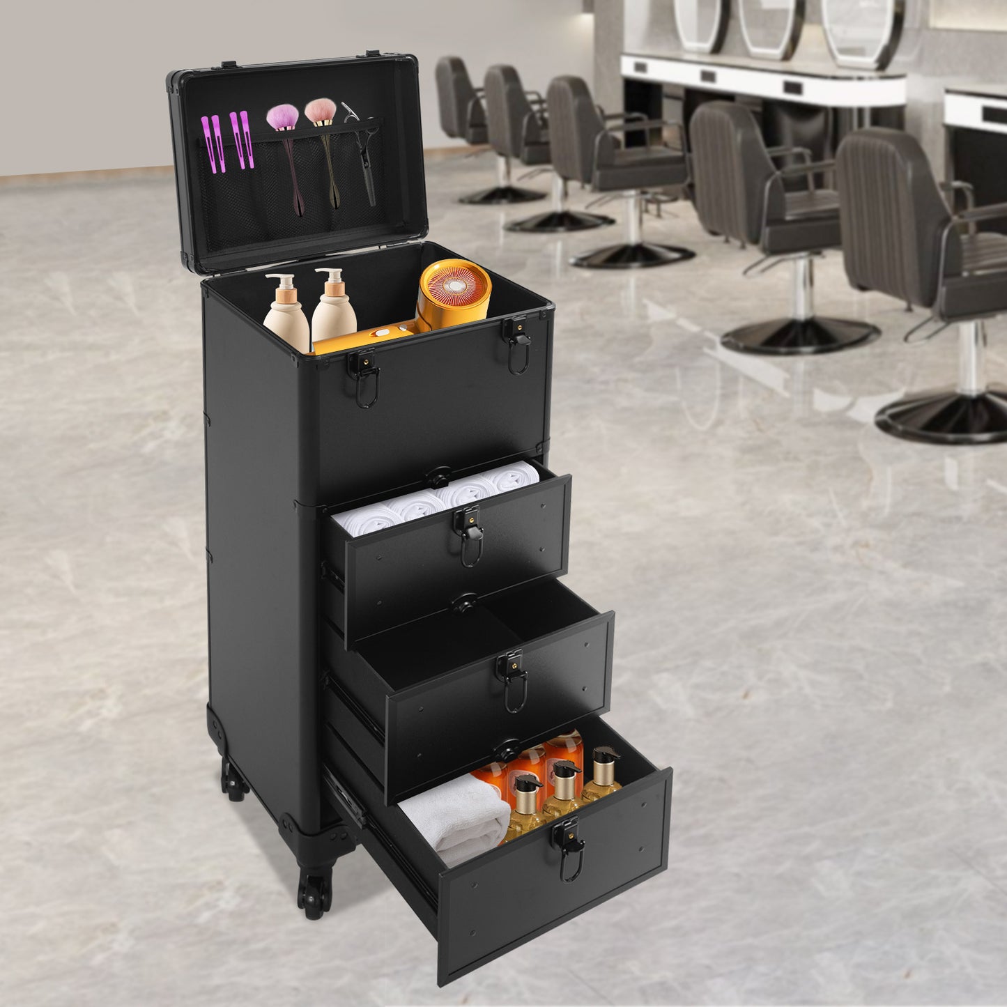 Make-up Koffer – Make-up Organizer – Beautycase – Cosmetica Koffer – Visagiekoffer – Grote Capaciteit – Duurzaam Aluminium Alloy – Met Slot – Mobiel met Wieltjes – Zwart Glanzend