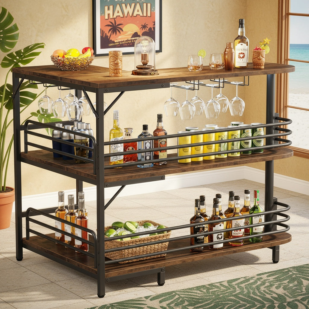 L-vormige Home Bar Cabinet – Hoekbar – Drankkast – Wijnrek – Barmeubel – Ruimtebesparend Hoekontwerp – Stevig Ge-engineerd Hout Met Glasrek