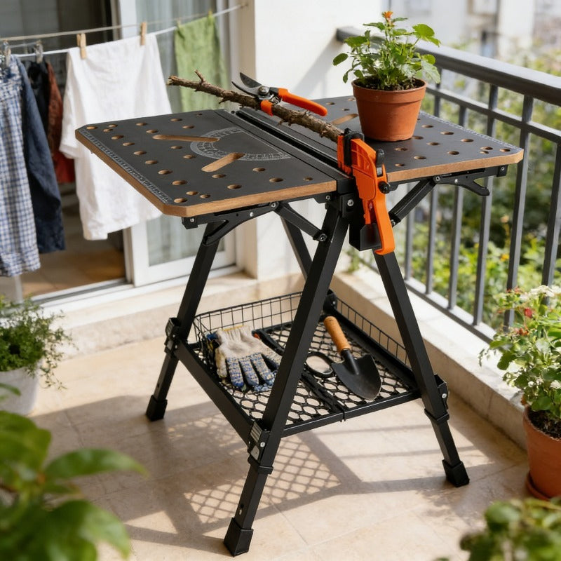 Heavy-Duty Folding Workbench with Large Table - 70x65cm MDF Tabletop & Q195 Steel Frame, Adjustable Height (60-92cm) - Heavyweight Capacity Suitable for Sawing, Sanding,, Workbench for Workshop,,