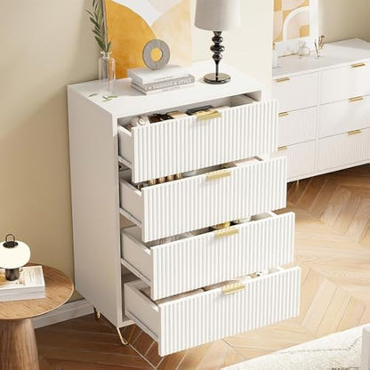 Commode – Ladekast – Dressoir – Opbergkast – Witte Commode – Modern Design – 4 Ruime Lades – MDF & Hardhout – Compact 60x33x90 cm