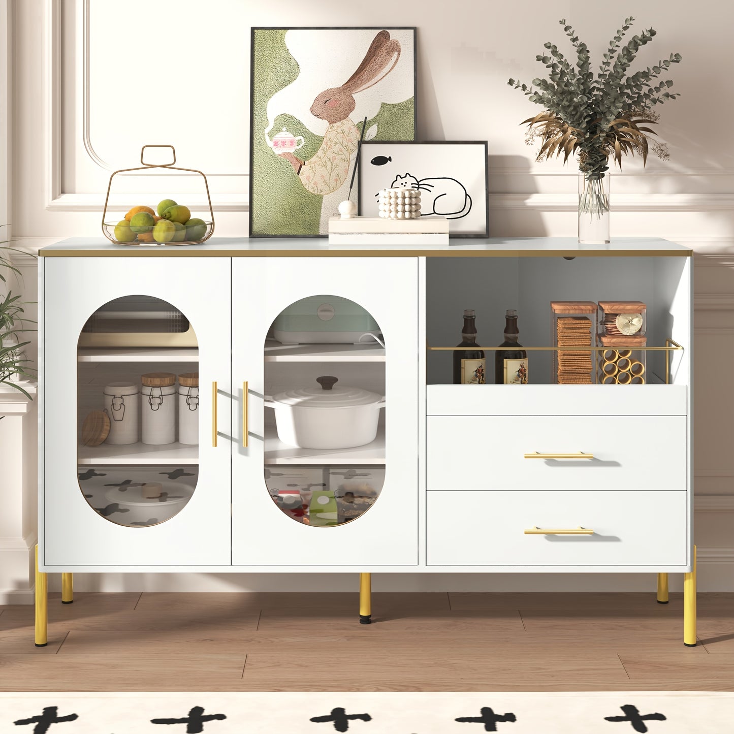 Wit Dressoirkastje – Opbergkast – Kastje – Bureaukast – Dressoir – 2 Lades & 2 Glazen Deurtjes – 3,2+ Kubieke Voet Opbergruimte – 68,5 cm Hoog – Vrijstaand – Gouden Accenten